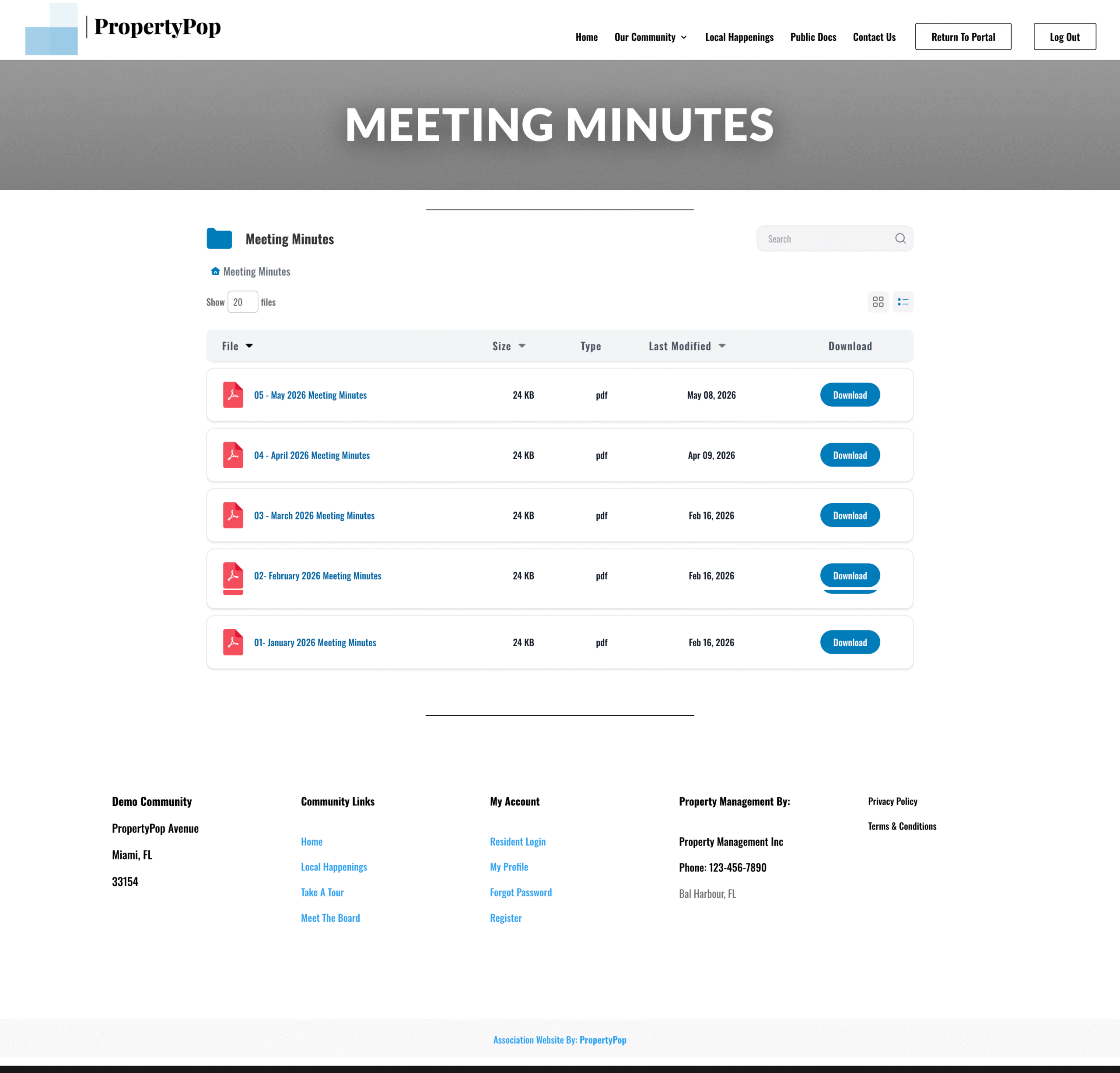 HOA Website Template Document Library Layout Page HOA Website Resident Portal