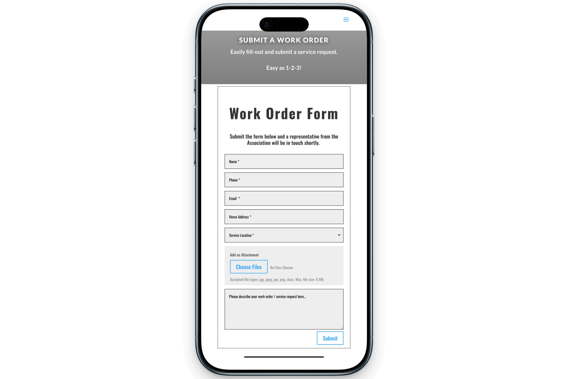 HOA Website Template Work Order Form Layout