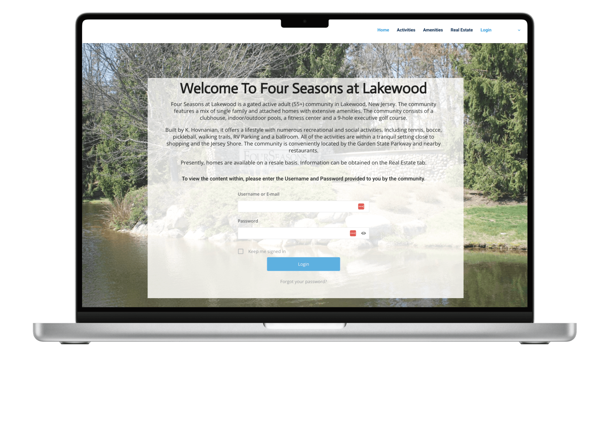 Four Seasons HOA Website in Lakewood, NJ built by PropertyPop - Private Members Only Access Login Page