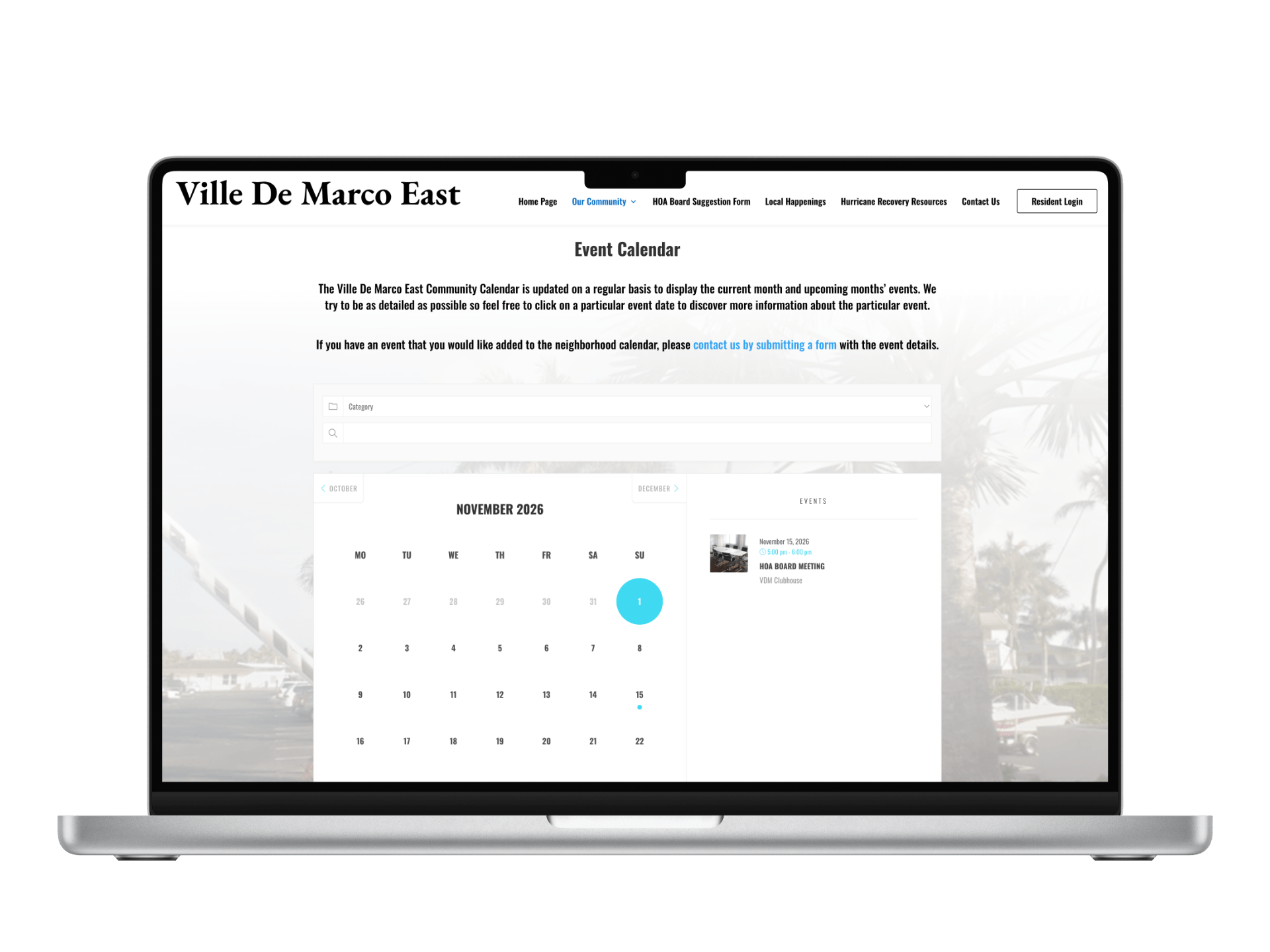Ville Marco Condo Website in Marco Island, Florida built by PropertyPop - Community Calendar Feature Events Dates Links
