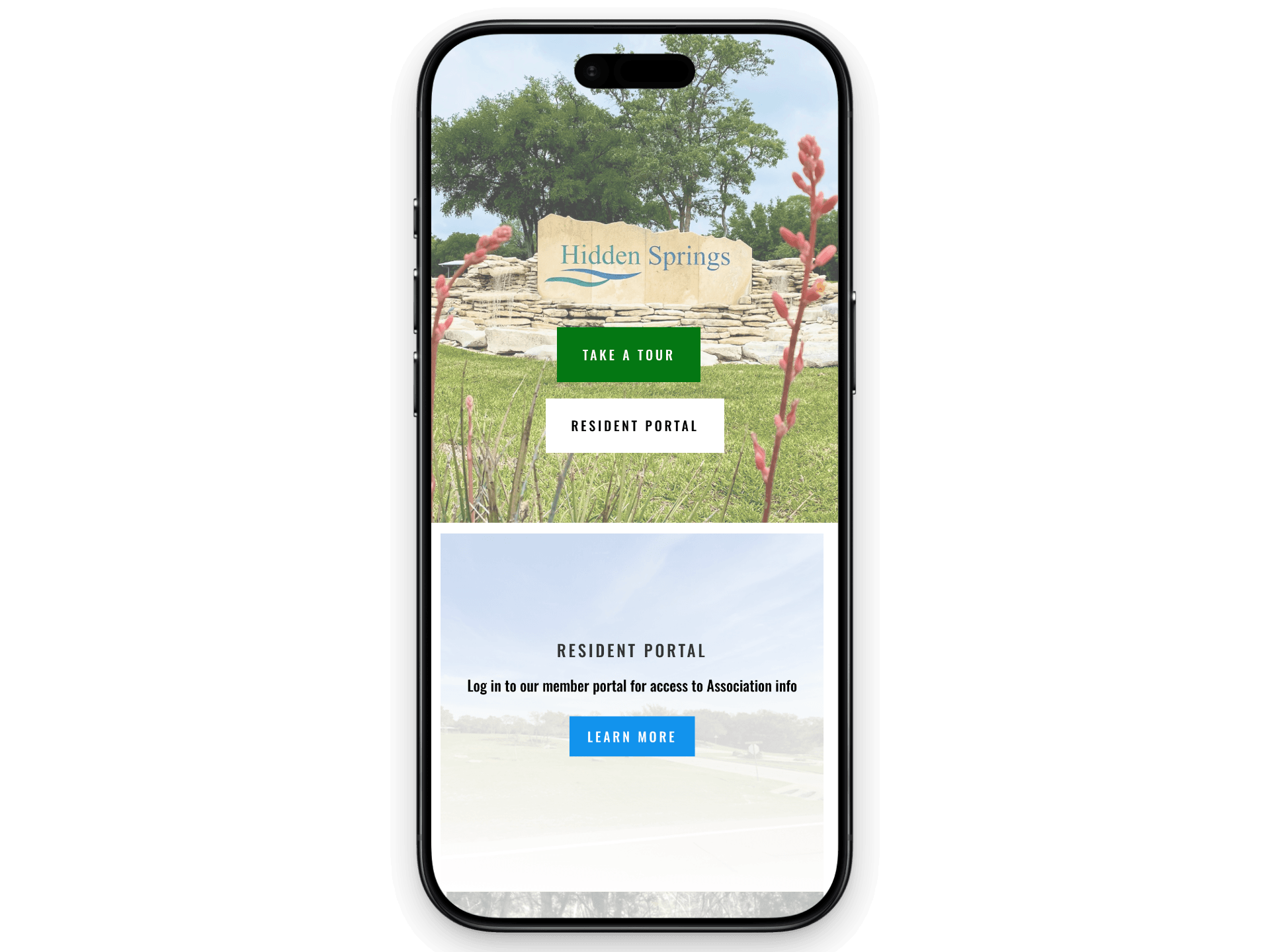 Hidden Springs HOA website in Salado, Texas, built by PropertyPop — Resident Portal Login Page