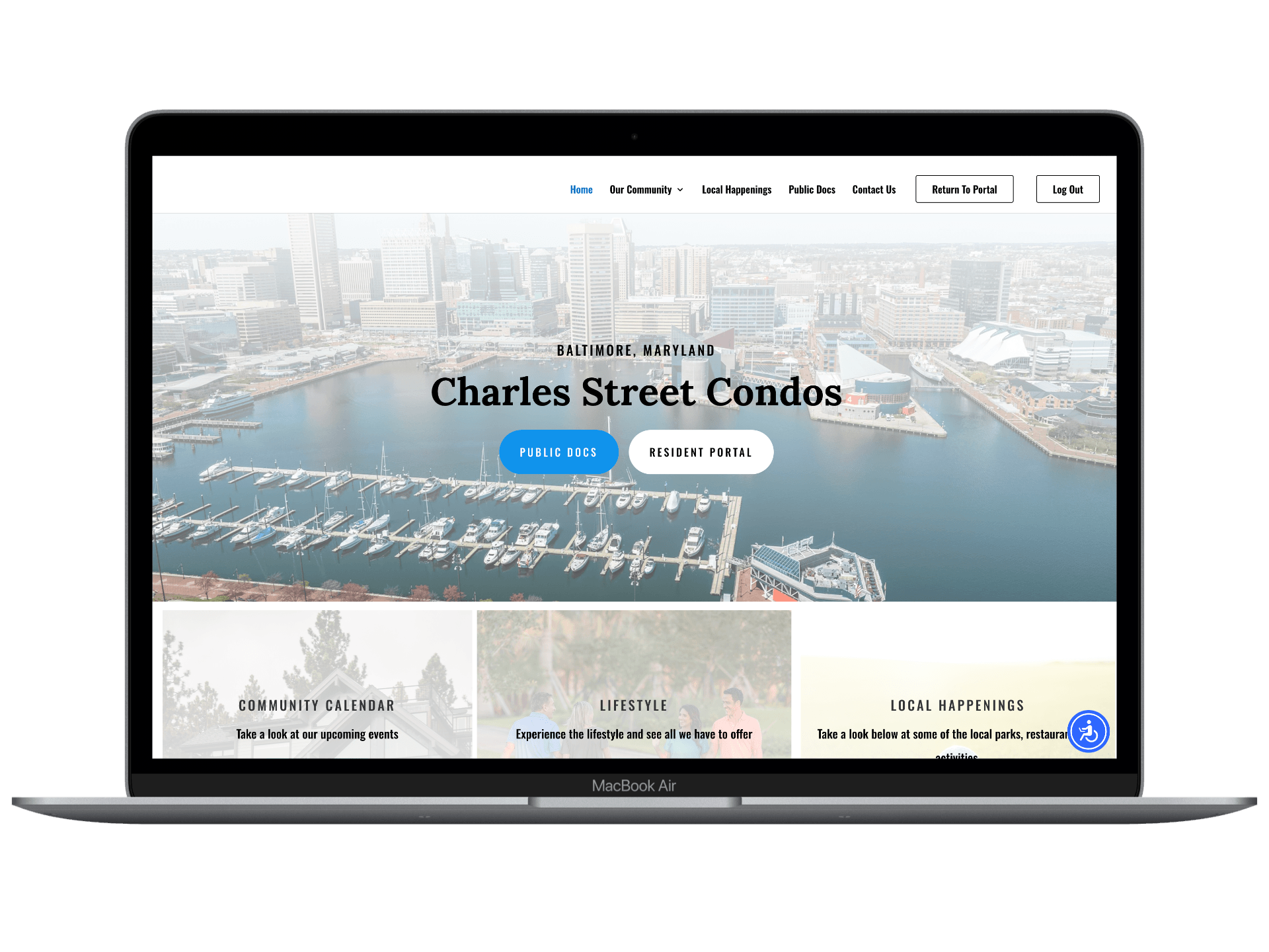 the homepage of Maryland Condo Website - Showing the Calendar, Meeting Minutes and other Condo Website features