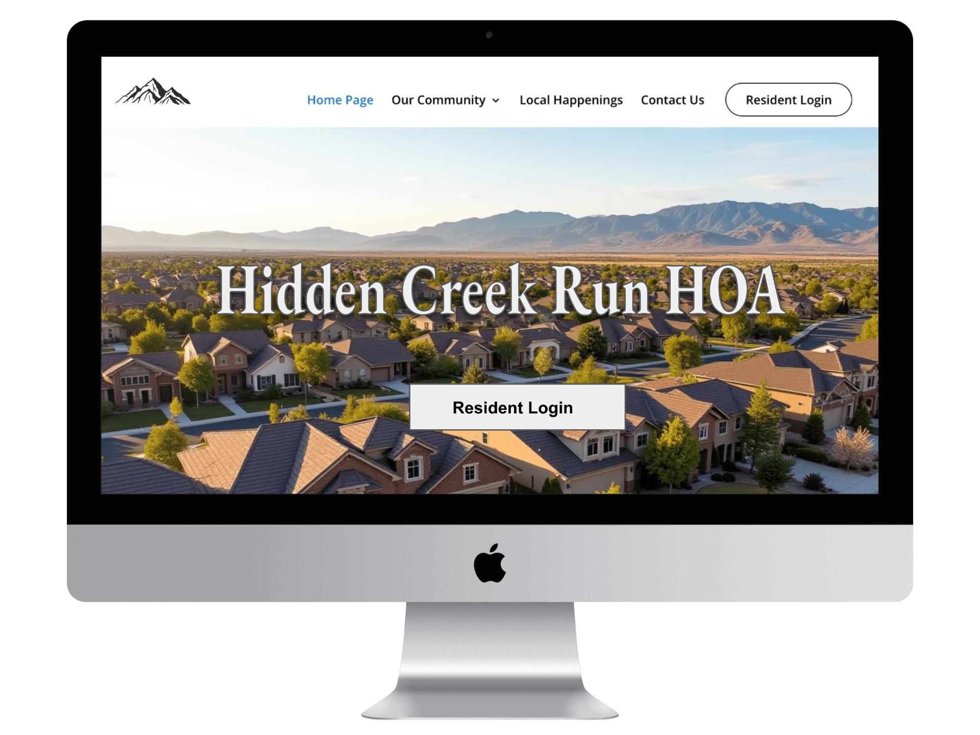 Hidden Creek Denver HOA Website shown on Desktop with Main Navigation Menu on Display - Including Login, Contact Us, Our Community, Notices, etc. Built by PropertyPop