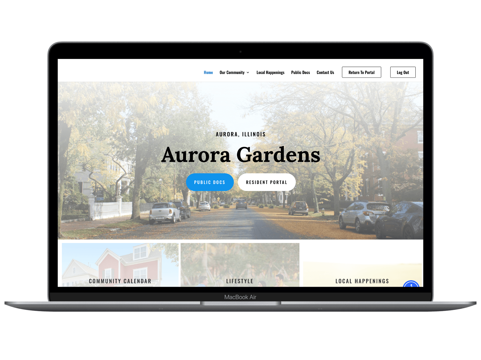Aurora Gardens Community Website an HOA in Illinois - Homepage login portal built by PropertyPop Community Websites for an Illinois HOA