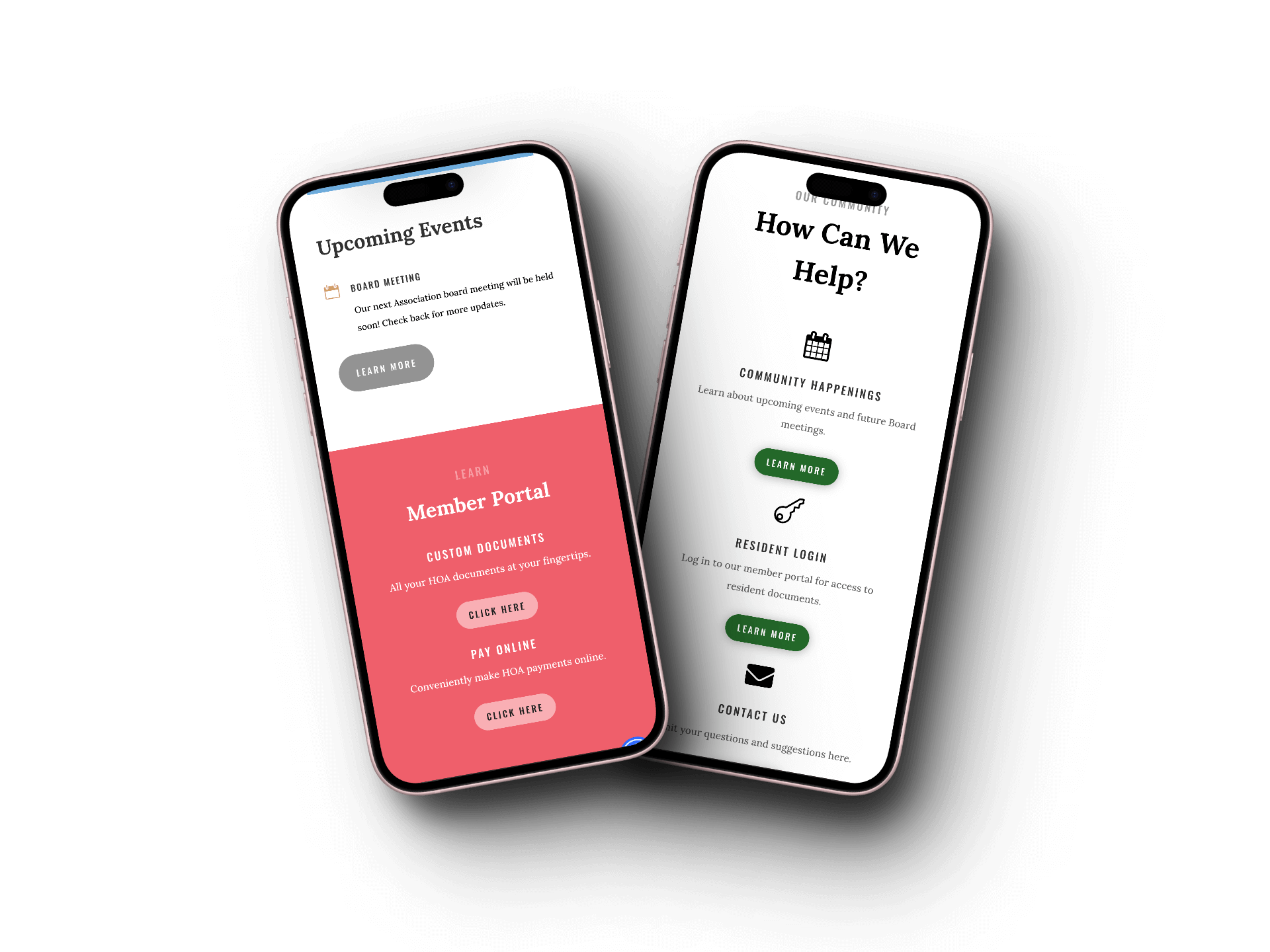 an Ohio based HOA website displayed on a mobile device showing different site feature - PropertyPop