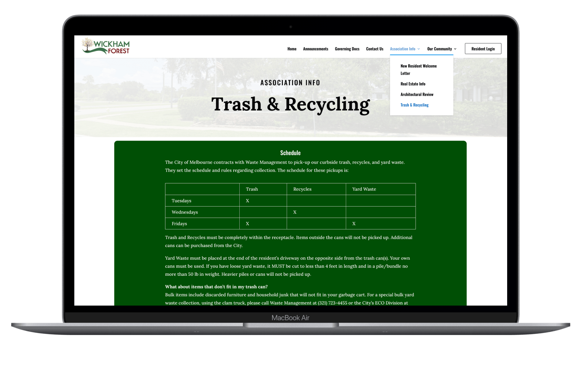 Website for a condominium showing Association Information and details like ARC Forms, Trash Schedule, Welcome Letters on a laptop computer.
