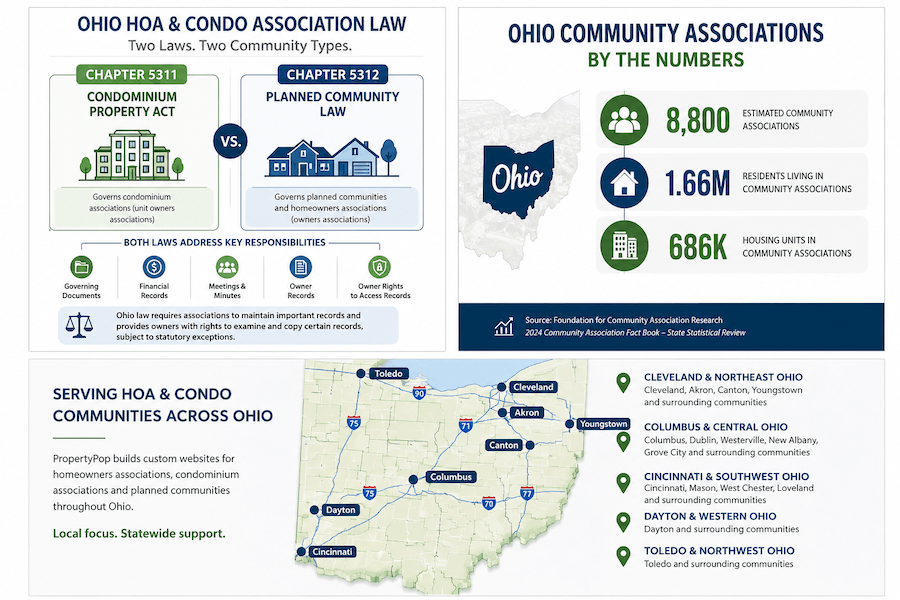 Ohio HOA & Condo Association Law: a visual comparison of Chapter 5311 (Condominium Property) vs. Chapter 5312 (Planned Community Law). PropertyPop