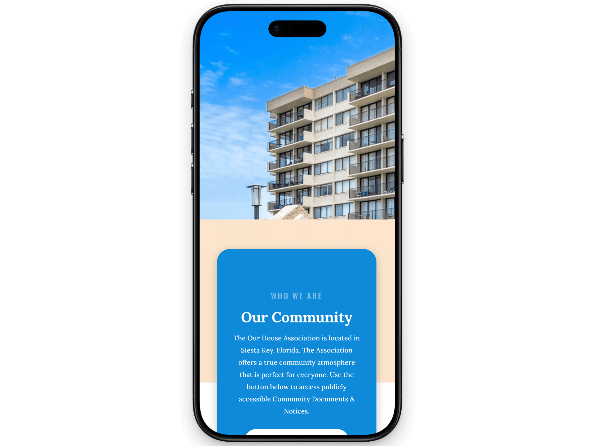 Mobile-friendly condo association website displayed on a smartphone with community information and resident resources