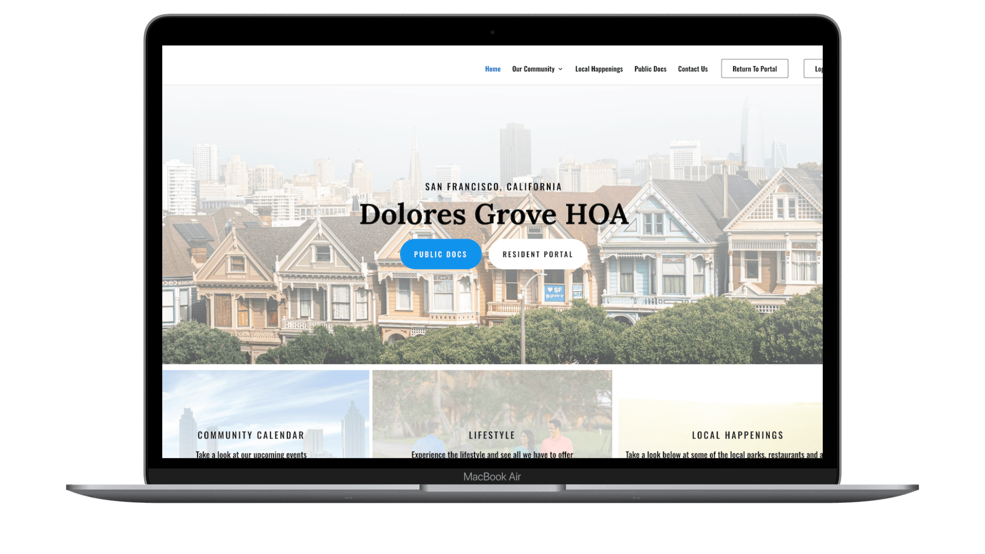 A HOA Website showing the homepage of a San Francisco Neighborhood. With Resident Login and Contact Us pages